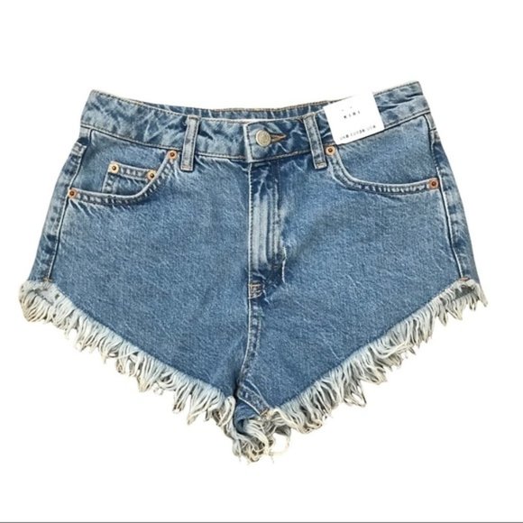 TOPSHOP Kiri Frayed Denim Shorts With Flaw** Size 4 - Picture 1 of 6